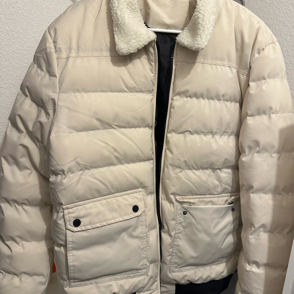 Men's Cream Puffer Jacket with Sherpa Collar